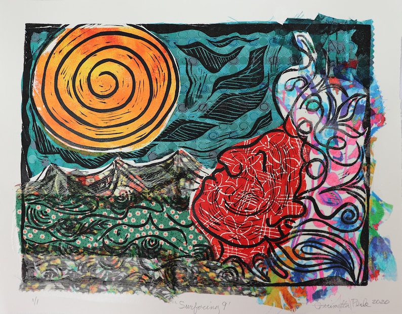 mixed media linoleum prints on Stonehenge paper. Surfacing 9 from a series of 10 unique multi-color