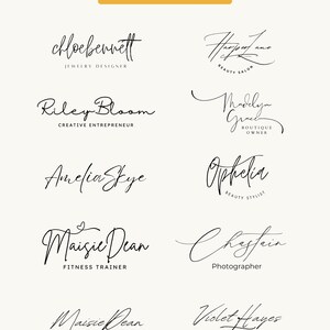 May include: A collection of elegant, handwritten-style logos in black script on a cream background. The logos include names and professions such as "Jewelry Designer," "Beauty Salon," and "Fitness Trainer." The text "Editable in Canva" is at the top.