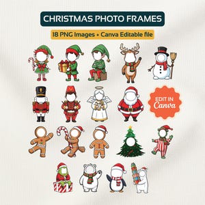 以下が含まれることがあります： さまざまなお祝いのキャラクターが特徴の、18個のPNGクリスマスフォトフレームのコレクション。エルフ、トナカイ、雪だるま、くるみ割り人形、サンタクロース、天使、ジンジャーブレッドマン、クリスマスツリー、ホッキョクグマが含まれています。テキスト："Christmas Photo Frames"。