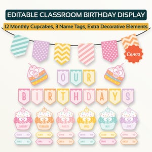 Editable Cupcake Classroom Birthday Bulletin Board Decor Display printable Cupcake Bulletin Board Classroom Decor (Canva Template)