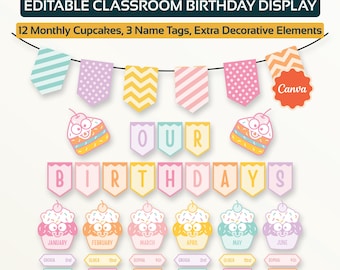 Editable Cupcake Classroom Birthday Bulletin Board Decor Display printable Cupcake Bulletin Board Classroom Decor (Canva Template)