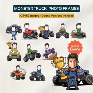 Puede incluir: Ilustración digital de marcos de fotos de monster trucks. La imagen incluye 10 imágenes PNG con versiones punteadas. Los marcos presentan varios monster trucks de diferentes colores, con espacio para una cara. El texto "MONSTER TRUCK PHOTO FRAMES" está en la parte superior.