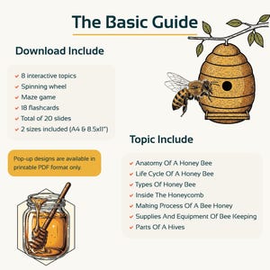 Puede incluir: Una gu&iacute;a ilustrada titulada "The Basic Guide" con una colmena, un tarro de miel y una abeja. La gu&iacute;a incluye temas sobre abejas, una ruleta, un juego de laberinto, tarjetas did&aacute;cticas y dise&ntilde;os emergentes en PDF.