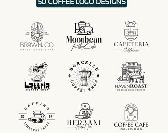 50 Premade Canva Customizable Editable Coffee Store & Cafe Shop Logos Bundle | Retro Barista, Matcha, Herbal Tea Logo Design Kit
