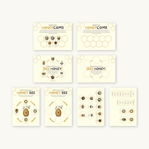 Puede incluir: Un conjunto de tarjetas educativas con ilustraciones y texto sobre abejas y miel. Las tarjetas presentan diagramas del panal, el proceso de elaboraci&oacute;n de la miel y el ciclo de vida de una abeja. Los colores son beige y marr&oacute;n.