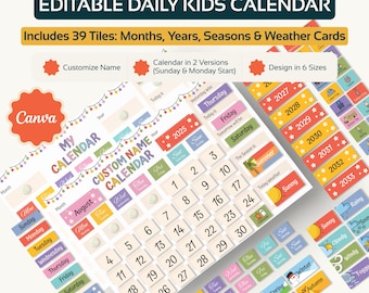 Editable Kids Calendar Set, Classroom Homeschool Printable (Canva)