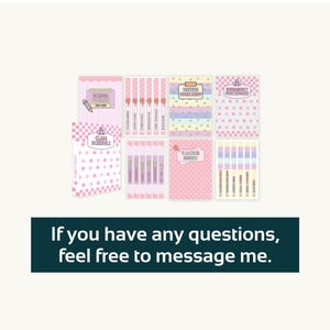 May include: A collection of pink and pastel-colored stationery items, including notebooks, planners, and schedule cards. The items feature star and polka dot patterns. Text on the items includes "Class Schedule" and "Writing Workshop". The image also contains the text: "If you have any questions, feel free to message me."
