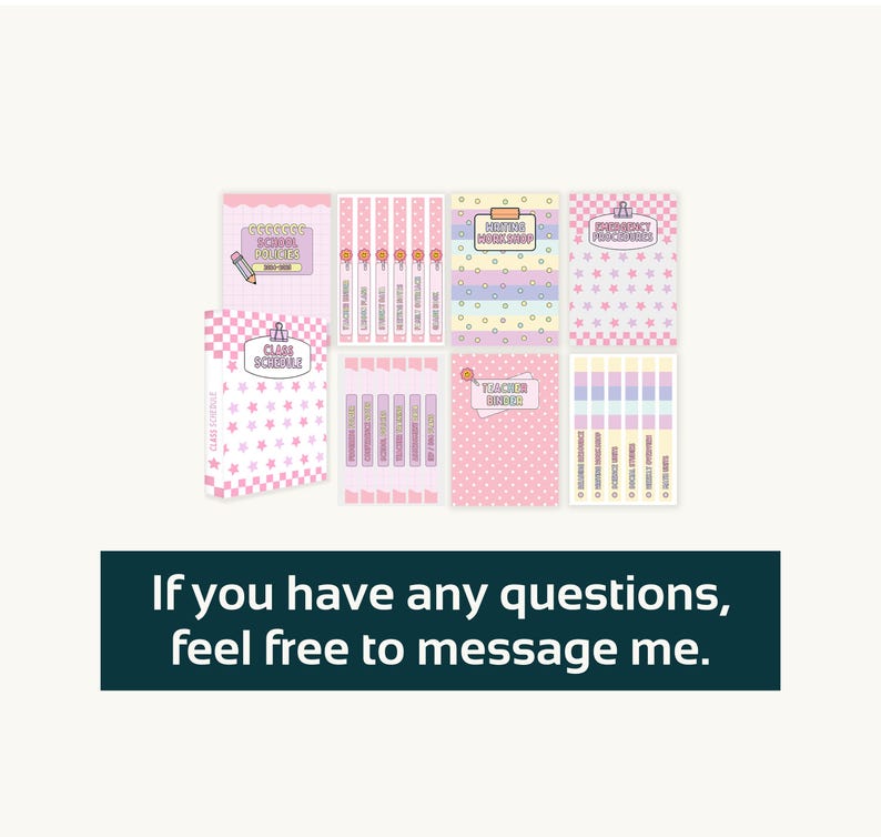 May include: A collection of pink and pastel-colored stationery items, including notebooks, planners, and schedule cards. The items feature star and polka dot patterns. Text on the items includes "Class Schedule" and "Writing Workshop". The image also contains the text: "If you have any questions, feel free to message me."