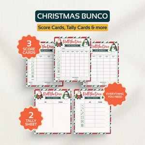May include: Christmas Bunco game set with score cards and tally sheets. The cards have a red and green border with festive illustrations of Santa and a snowman. The text "Roll the Dice" is visible.