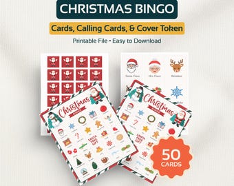 May include: Christmas Bingo game set with 50 cards. The cards feature festive illustrations of Santa Claus, snowmen, and Christmas-themed icons. The set includes calling cards and cover tokens, with the text "Christmas Bingo" prominently displayed.