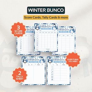 May include: Winter Bunco game set with score cards and tally sheets. The cards have a blue and white winter theme with penguin illustrations. The text on the cards reads "Roll the Dice for Bunco" and "Tally Sheet".