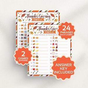 May include: Thanksgiving emoji game with two game options and 24 phrases per game. The game features fall leaves and a festive color scheme. The answer key is included. The game is designed to guess words or phrases written with emojis.