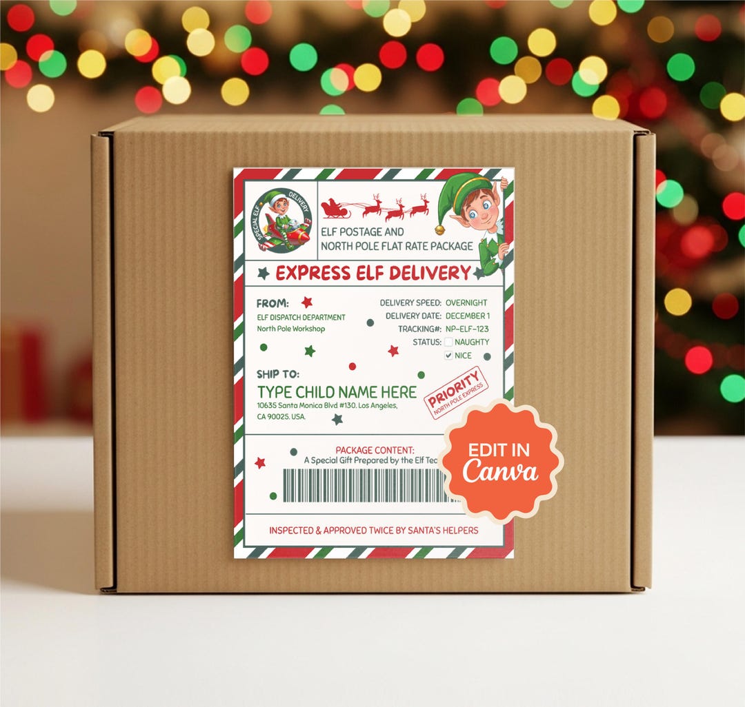 Editable Printable Canva Elf Christmas Elf Arrival Package Box Grinch ...