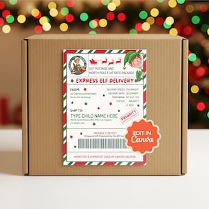 May include: A cardboard box with a festive Christmas label. The label reads "Express Elf Delivery" and features elf illustrations, a priority stamp, and text fields for the child's name and address. The label is red, green, and white.