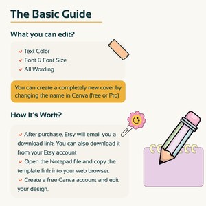 May include: A graphic with the title "The Basic Guide" and text describing how to edit a design. Includes a pencil, notepad, and decorative elements. The text explains how to edit text color, font, and wording.