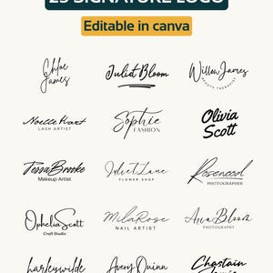 May include: A selection of 25 signature logos in elegant script fonts. The logos are displayed on a cream background, with text that reads "25 Signature Logo" and "Editable in Canva".