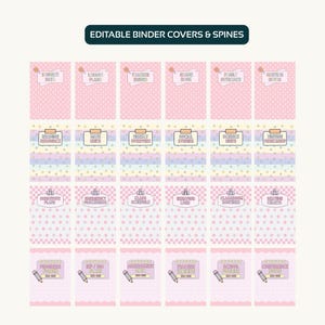 May include: A collection of pink and pastel-colored binder covers and spines with various labels, including "Student Data," "Lesson Plans," and "Teacher Binder." The design features polka dots, stars, and pencil illustrations.