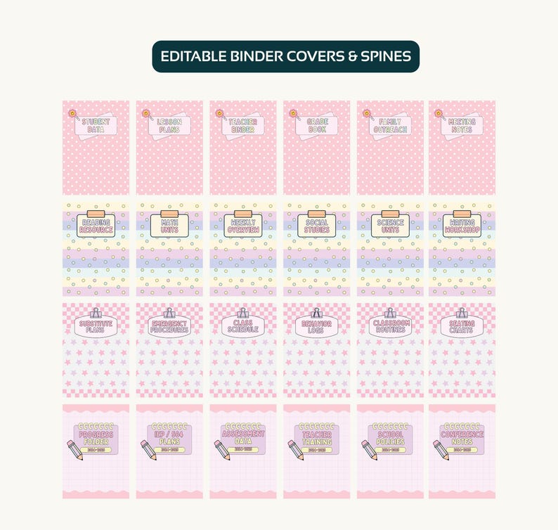 May include: A collection of pink and pastel-colored binder covers and spines with various labels, including "Student Data," "Lesson Plans," and "Teacher Binder." The design features polka dots, stars, and pencil illustrations.