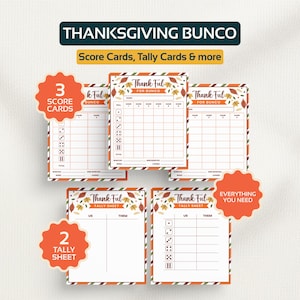 May include: Thanksgiving Bunco game set with score cards and tally sheets. The cards feature a fall-themed design with the text "Thank Ful for Bunco." Includes 3 score cards and 2 tally sheets. The set is labeled "Everything You Need."