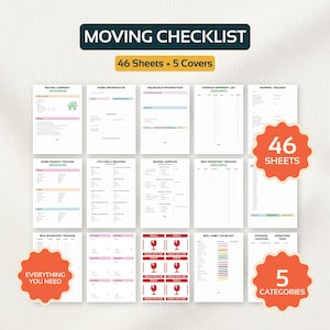 May include: A moving checklist with 46 sheets and 5 covers. The checklist includes sections for moving company, home information, insurance, and shipping. The image also includes box inventory trackers and labels.