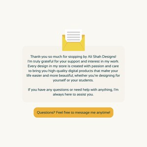Puede incluir: Gr&aacute;fico digital con un icono de sobre amarillo y texto. El texto dice: "&iexcl;Muchas gracias por visitar Ali Shah Designs!" y "&iquest;Preguntas? &iexcl;No dudes en enviarme un mensaje en cualquier momento!"