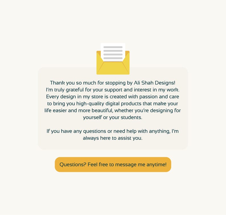 Puede incluir: Gr&aacute;fico digital con un icono de sobre amarillo y texto. El texto dice: "&iexcl;Muchas gracias por visitar Ali Shah Designs!" y "&iquest;Preguntas? &iexcl;No dudes en enviarme un mensaje en cualquier momento!"