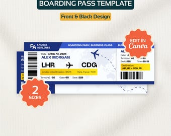 Editable Boarding Pass Gift Ticket Printable Surprise Airline Plane Boarding Ticket Canva Template Personalized Travel Gift