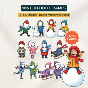 May include: A collection of winter-themed photo frames featuring cartoon illustrations of children in winter attire, including coats, hats, and scarves. The frames are designed for use with PNG images and include dotted versions. The text "Winter Photo Frames" is at the top.
