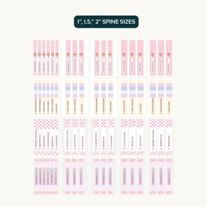 May include: A collection of pink and pastel-colored binder spine labels with text. The labels are arranged in rows and columns, with varying patterns and designs. The text "1", "1.5", "2" SPINE SIZES is at the top.