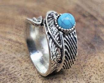 Feather Turquoise Ring | Handmade 925 Sterling Silver Boho Jewelry