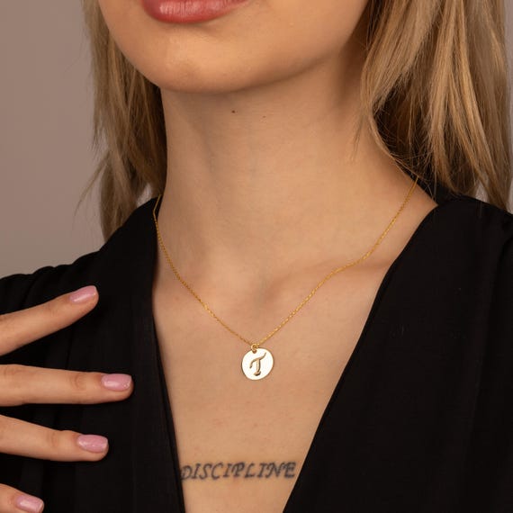 14K Solid Gold Initial Necklace, Custom Disc Pendant, Personalized