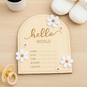 Personalized Hello World Birth Announcement Sign: Wooden Baby Stats Plaque