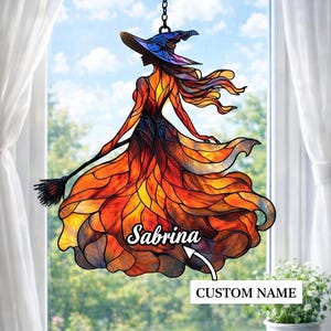 Halloween Witch Acrylic Window Hanging 2D Flat Art, Autumn Witch Faux Stained Glass Suncatcher, Spooky Fall Decor Gift For Her