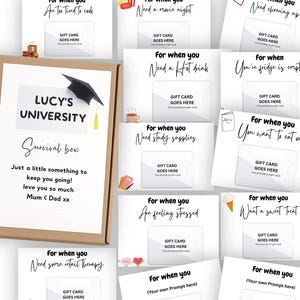 Op de afbeelding: Een cadeauverpakking met het opschrift "Lucy's University Survival Box" en een illustratie van een afstudeerhoed. De doos bevat verschillende cadeaubonnen met zinnen als "Een filmavond nodig" en "Een zoete traktatie willen".