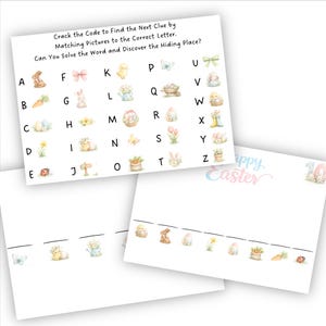 May include: Easter activity sheets featuring a code-breaking game. The main sheet has an alphabet with Easter illustrations. Additional sheets have lines for solving the code, with the text "Happy Easter" and the number 10.