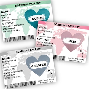 Gepersonaliseerde verjaardagsverrassingskaart, vakantie, verrassing, gepersonaliseerde instapkaart, vrijgezellenfeest, naam-datums-bericht-bestemming toevoegen, jubileum