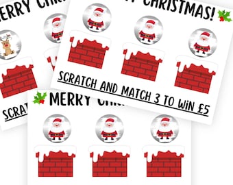May include: A white rectangular Christmas scratch-off card featuring the text MERRY CHRISTMAS! and SCRATCH AND MATCH 3 TO WIN £5. The design includes three red brick chimneys topped with white snow and three circular silver scratch-off panels.