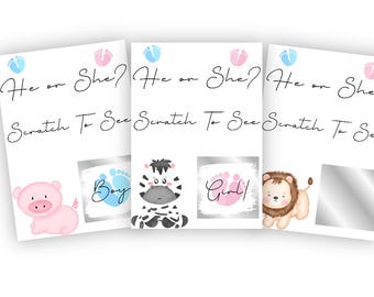 Gender reveal scratch cards, Gender reveal, Boy or girl ? , Gender reveal party, He or She, Animals, Cute