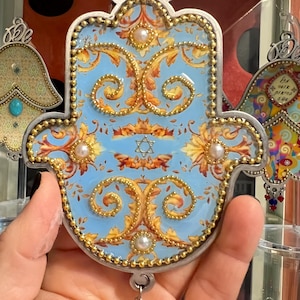 Golden Swirls Hamsa Wall Decor - Home Blessing, Pewter Base with Beads and Enamel. Perfect gift for Housewarming, or any special occasion