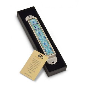 Floral Ovals Mezuzah - Mezuzah Case 4.7&quot; - Pewter & Enamel Beaded. Handcrafted with Love.