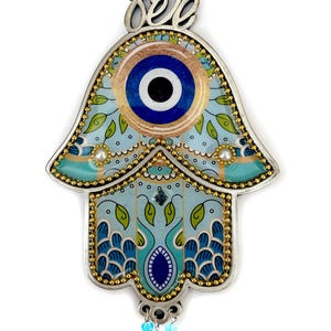 Golden Blue Eye Hamsa Wall Hanging - Colorful Hand of Fatima. Protection and Luck Charm, Pewter Base with Enamel Finish
