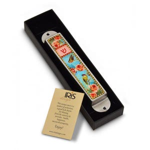 Vintage-Inspired Mezuzah with Birds and Roses - Mezuzah Case 4.7&quot; - Pewter & Enamel Beaded. Vibrant Floral Design. Handcrafted with Love.