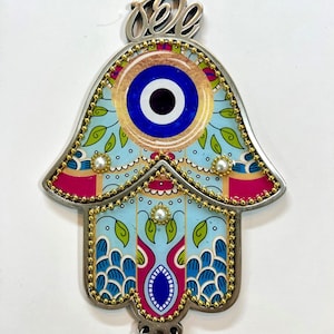 Blue Eye Hamsa Wall Hanging - Colorful Hand of Fatima. Protection and Luck Charm, Pewter Base with Enamel Finish