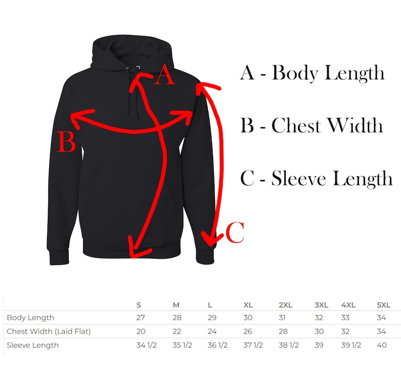 Puede incluir: Una sudadera con capucha negra con una tabla de tallas que muestra las medidas de la longitud del cuerpo, el ancho del pecho y la longitud de la manga en pulgadas.