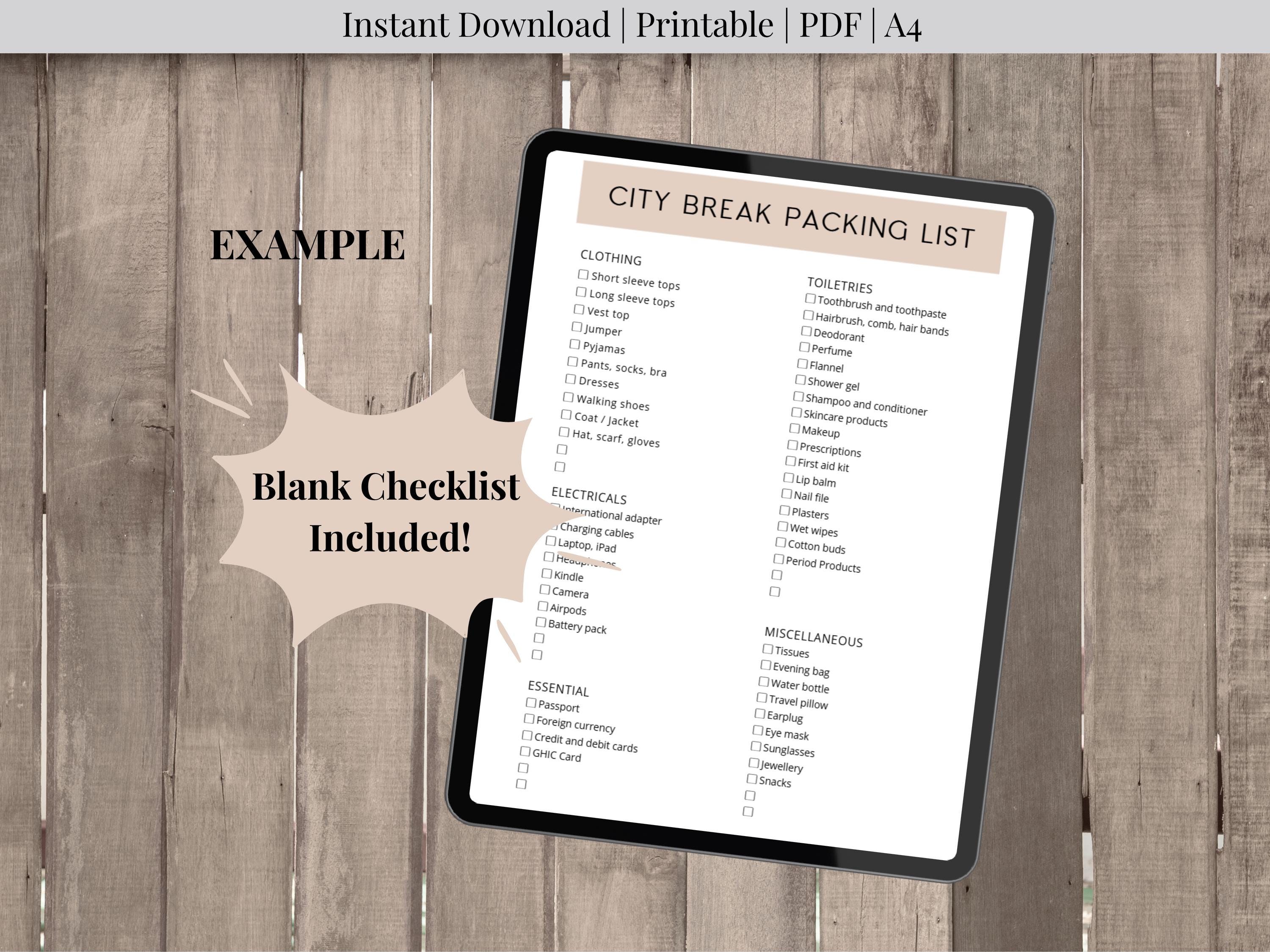Printable City Break Packing Checklist PDF, Pre Filled Holiday Packing ...