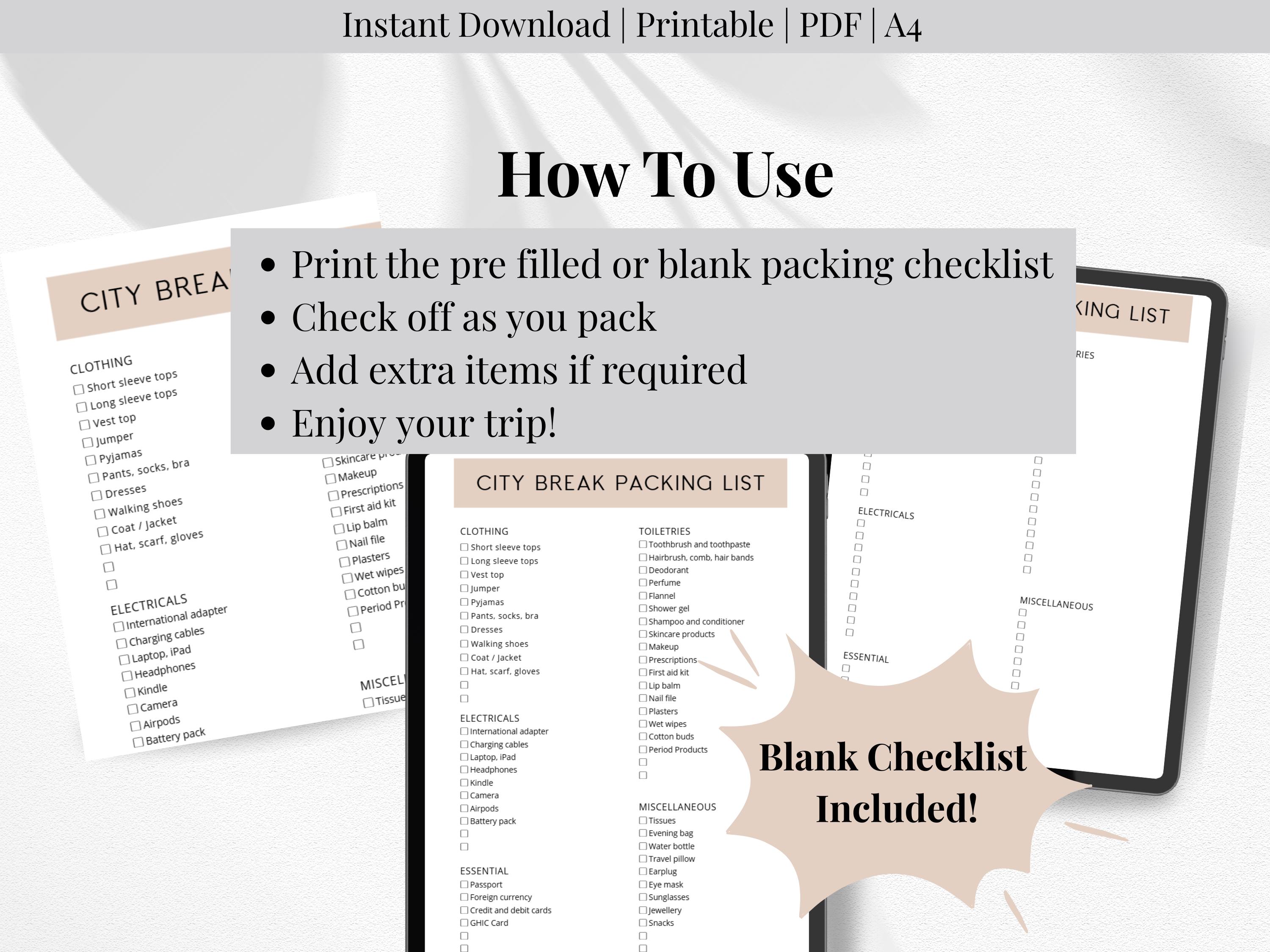 Printable City Break Packing Checklist PDF, Pre Filled Holiday Packing ...