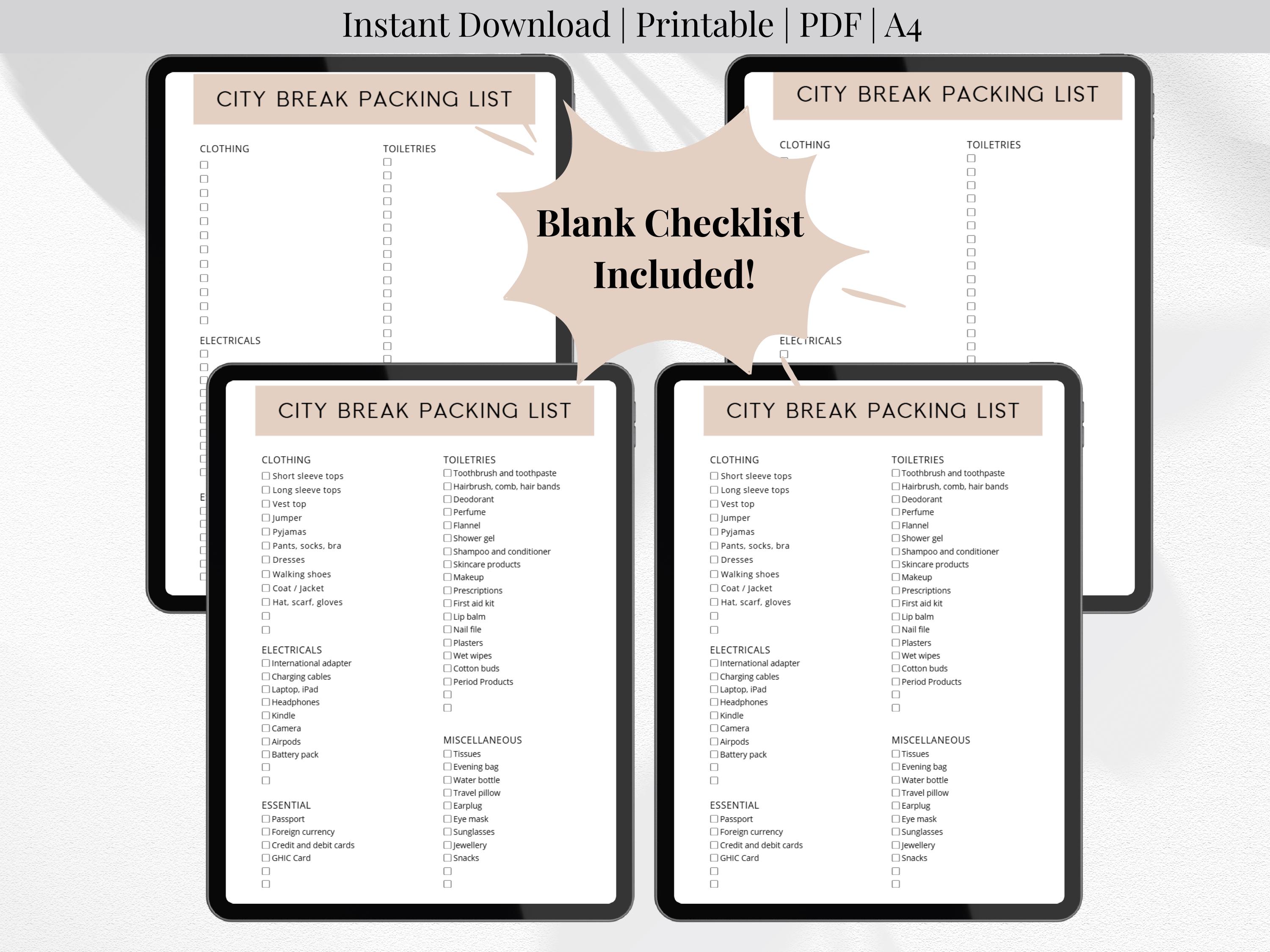 Printable City Break Packing Checklist PDF, Pre Filled Holiday Packing ...