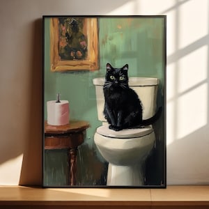 黒猫のバスルーム装飾 - プリントファインアート - ホームデコレーション - レトロヴィンテージアートプリント - 油絵スタイル - ジクレープリント