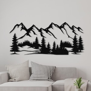Arte murale in metallo con foresta e montagna, cartello per esterni con montagna, decorazione murale con natura, grande arte murale, idee regalo di Natale, regalo di inaugurazione della casa