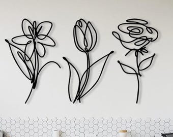 Väggdekorationsset med metallblommor: Minimalistisk design med en enda linje